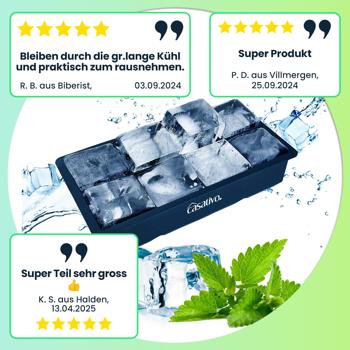 Preview: XXL Silikon Eiswürfelform (8 Fächer, 5x5cm): Grosse Eiswürfel, 1 Liter Füllmenge – BPA-freie, langlebige & wiederverwendbare Eiswürfelform