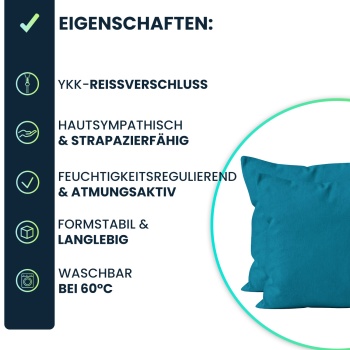 Preview: Kissenbezug 2er-Set 40x40 Petrol - Hochwertige Baumwolle Kissenhüllen für Deko, Bett & Sofakissen - Langlebig, Pflegeleicht & mit Reissverschluss