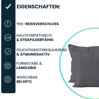 Preview: Kissenbezug 2er-Set 40x40 Anthrazit - Hochwertige Baumwolle Kissenhüllen für Deko, Bett & Sofakissen - Langlebig, Pflegeleicht & mit Reissverschluss