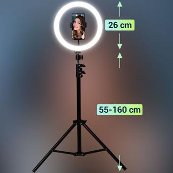Preview: Professionelles LED-Ringlicht, Stativ-Ständer und Smartphone-Halterung, Fernauslöser, Ø 10