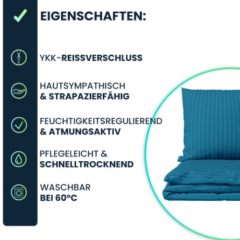 Preview: 2er-Set Bettwäsche 135x200/80x80 cm, 100% Mikrofaser mit Reissverschluss, hautsympathische & atmungsaktive Bett- & Kissenbezüge, Petrol