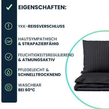 Preview: 2er-Set Bettwäsche 135x200/80x80 cm, 100% Mikrofaser mit Reissverschluss, hautsympathische & atmungsaktive Bett- & Kissenbezüge, Schwarz