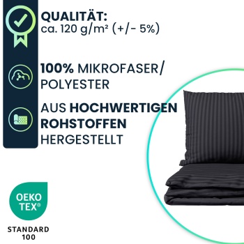 Preview: 2er-Set Bettwäsche 135x200/80x80 cm, 100% Mikrofaser mit Reissverschluss, hautsympathische & atmungsaktive Bett- & Kissenbezüge, Schwarz
