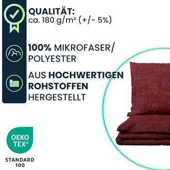 Preview: 2er-Set Bettwäsche Cashmere Touch 135x200/80x80 cm, 100% Mikrofaser: Reissverschluss, hautsympathische & atmungsaktive Bett- & Kissenbezüge - Bordeaux
