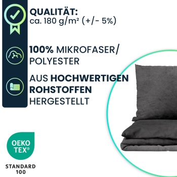 Preview: Bettwäsche-Set Cashmere Touch 135x200/80x80 cm, 100% Mikrofaser: Reissverschluss, hautsympathischer & atmungsaktiver Bett- & Kissenbezug - Anthrazit