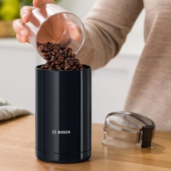 Preview: Hochwertige elektrische Bosch Kaffeemühle in Schwarz: Edelstahlmesser für frische Kaffeebohnen, besten Espresso und puren Kaffeegenuss