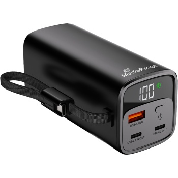 Preview: 2er-Set Mobiler Zusatzakku, Powerbank 20000mAh mit integriertem Ladekabel, LC-Display: Schnellladen 65W Power Delivery - USB-C/USB-A