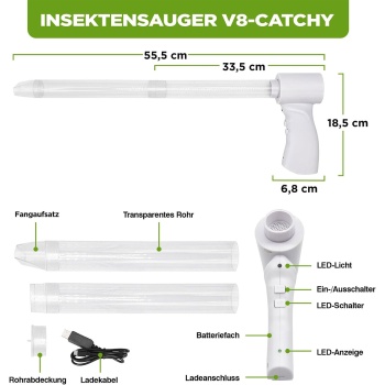 Preview: Elektrischer Insekten- und Spinnensauger mit Teleskopstiel und LED-Lebendfalle, wiederaufladbar - für eine schonende hygienische Entfernung