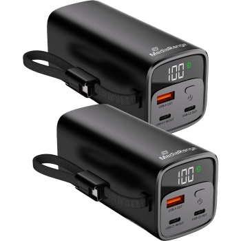 2er-Set Mobiler Zusatzakku, Powerbank 20000mAh mit integriertem Ladekabel, LC-Display: Schnellladen 65W Power Delivery - USB-C/USB-A