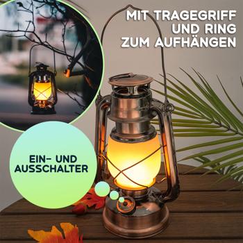 Preview: Retro-LED-Sturmlaterne (25cm) mit Flammen-Optik – Klassische, batteriebetriebene Laterne in Bronze, wetterfest, für Garten & Balkon