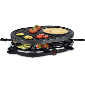 Preview: Raclette Grill für 8 Personen mit 8 Pfännchen antihaftbeschichtet – Tischgrill 8 Pfannen für Silvester, Party & Familien-Abende, Schwarz