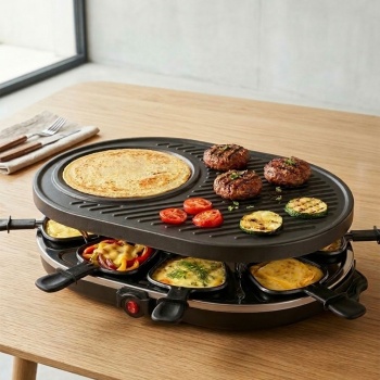 Raclette Grill für 8 Personen mit 8 Pfännchen antihaftbeschichtet – Tischgrill 8 Pfannen für Silvester, Party & Familien-Abende, Schwarz