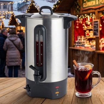 Glühweinkocher 5L mit Zapfhahn, Edelstahlgehäuse: 1300W – Ein Heissgetränkespender für Feste, Glühwein, Kaffee & Punsch – Perfekter Genuss