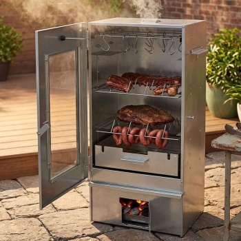 Preview: Räucherofen mit Sichtfenster & Thermometer – 3 Etagen Räuchertonne & Räucherschrank für Fisch & Fleisch, inkl. 12 S-Haken & Rost-Set