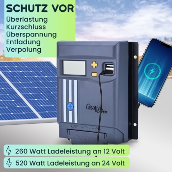 Preview: MPPT Solar-Laderegler f. 12V & 24V Batterien, 20A, LCD-Display, 2 USB-Ports, Überspannungsschutz, Solar Ladegerät Controller Solarmodule/Solar Panels