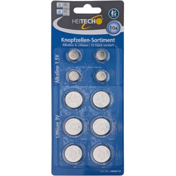 Knopfzellen-Sortiment Alkaline & Lithium, 10 Stück, 4x LR44 AG13 357, 2x CR2025, 4x CR2032, Knopfzellen Set 1,5 V & 3 V, Batterien