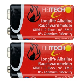 Preview: Alkaline Longlife Batterien 9V E-Block 6LR61, 2er-Pack, Blockbatterie für Rauchwarnmelder, Betriebstemperatur -10 bis +50 °C