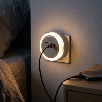 Preview: LED-Nachtlicht mit USB-Ladegerät und Dämmerungsautomatik, USB-A und USB-C, 5 V max. 2,4 A, Ein/Aus/Automatik, weiss