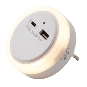 LED-Nachtlicht mit USB-Ladegerät und Dämmerungsautomatik, USB-A und USB-C, 5 V max. 2,4 A, Ein/Aus/Automatik, weiss