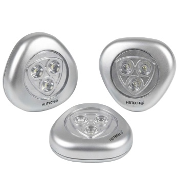 3er-Set LED Push-Lichter mit je 3 LEDs: Kompakte Touch-Lampen, batteriebetrieben inkl. 3x AAA - mit Klebestreifen und Halter, silber