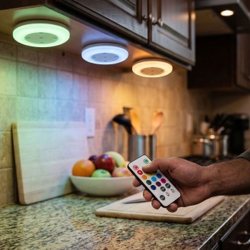 Preview: 3er-Set LED Unterbauleuchten mit Fernbedienung RGB: Bunte Schrankbeleuchtung zum Kleben & Schrauben für Küche, Regal & Vitrine, je 5 LEDs