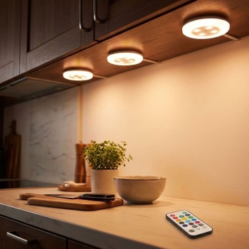 Preview: 3er-Set LED Unterbauleuchten mit Fernbedienung RGB: Bunte Schrankbeleuchtung zum Kleben & Schrauben für Küche, Regal & Vitrine, je 5 LEDs