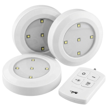 3er-Set LED Unterbauleuchten mit Fernbedienung: Schrankbeleuchtung mit Touchfeld, hell, gedämpft oder 30-Min-Timer, je 5 LEDs, inkl. Batterien