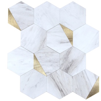 Preview: Fliesenaufkleber Selbstklebend, Hexagon Marmor Gold - 4 Stück, 25x23,2 cm SPC Wandfliesen Wasserfest - Fliesen Küche Bad Wand