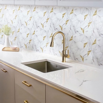 Preview: Fliesenaufkleber Selbstklebend, Hexagon Marmor Gold - 4 Stück, 25x23,2 cm SPC Wandfliesen Wasserfest - Fliesen Küche Bad Wand