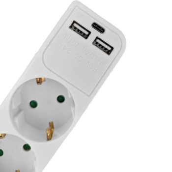 Preview: Tischsteckdosenleiste 3-fach mit USB-C und USB-A Ladebuchse, Schuko-Steckdosen in 45°-Anordnung, beleuchteter 2-poliger Schalter, 1,4 m
