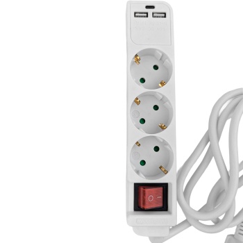 Preview: Tischsteckdosenleiste 3-fach mit USB-C und USB-A Ladebuchse, Schuko-Steckdosen in 45°-Anordnung, beleuchteter 2-poliger Schalter, 1,4 m