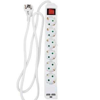 Tischsteckdosenleiste 6-fach mit 2 USB-Ladebuchsen USB-C und USB-A, 45° gedrehte Schuko-Steckdosen, beleuchteter 2-poliger Schalter