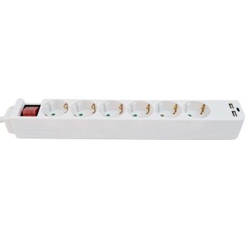 Preview: Tischsteckdosenleiste 6-fach mit 2 USB-Ladebuchsen USB-C und USB-A, 45° gedrehte Schuko-Steckdosen, beleuchteter 2-poliger Schalter