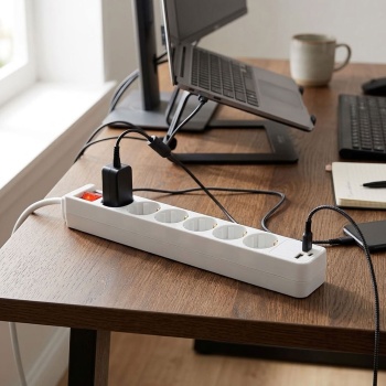 Preview: Tischsteckdosenleiste 6-fach mit 2 USB-Ladebuchsen USB-C und USB-A, 45° gedrehte Schuko-Steckdosen, beleuchteter 2-poliger Schalter