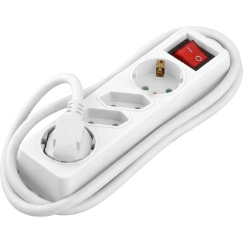 Tischsteckdose 4-fach mit Schalter, 2 Schuko- und 2 Euro-Steckdosen: 1,4 m Anschlusskabel H0SVV-F 3G 1,5 mm², 16 A, max. 3680 W, weiss