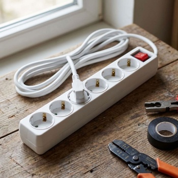 Preview: Tischsteckdose 6-fach mit Ein-/Ausschalter: 6 Schuko-Steckdosen, 1,4 m Kabel H0SVV-F 3G 1,5 mm², 250 V, 16 A, max. 3680 W, weiss