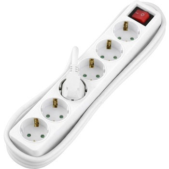 Tischsteckdose 6-fach mit Ein-/Ausschalter: 6 Schuko-Steckdosen, 1,4 m Kabel H0SVV-F 3G 1,5 mm², 250 V, 16 A, max. 3680 W, weiss