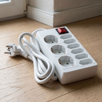 Preview: Tischsteckdose 9-fach mit Schalter, 3 Schuko- und 6 Euro-Steckdosen, kompakte Blockform, 1,4 m Kabel H0SVV-F 3G 1,5 mm², max. 3680 W