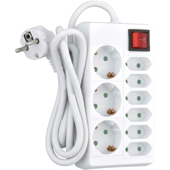 Tischsteckdose 9-fach mit Schalter, 3 Schuko- und 6 Euro-Steckdosen, kompakte Blockform, 1,4 m Kabel H0SVV-F 3G 1,5 mm², max. 3680 W