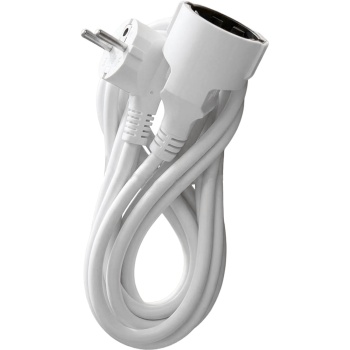Verlängerungskabel 3 m, 3 x 1,5 mm², mit 90° abgewinkeltem Schuko-Stecker und angespritzter Schuko-Kupplung, 16 A, max. 3500 W, weiss