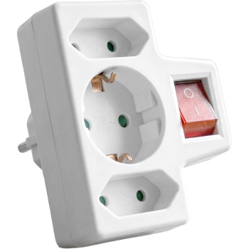 Schaltbarer Steckdosenadapter 3-fach, 1 Schuko und 2 Euro, beleuchteter 2-poliger Ein-/Ausschalter, 250 V, 16 A, max. 3500 W, weiss