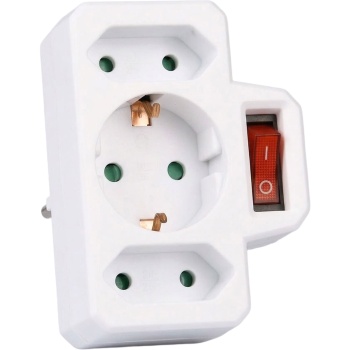 Schaltbarer Steckdosenadapter 3-fach 1 Schuko / 2 Euro mit beleuchtetem Schalter, spart Standby-Strom, 16 A / 2 x 2,5 A, max. 3500 W