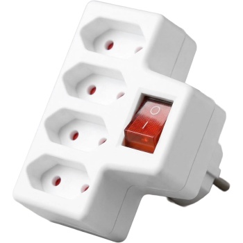 Schaltbarer Steckdosenadapter 4-fach Euro mit beleuchtetem 2-poligem Ein-/Ausschalter, vier Euro-Steckdosen, 250 V / 2,5 A, weiss