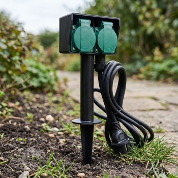 Preview: Gartensteckdose mit Erdspiess 2-fach, Schuko-Steckdosen mit Klappdeckel, IP44, Gummikabel H05RR-F 3G 1,5 mm², 1,4 m, max. 3680 W