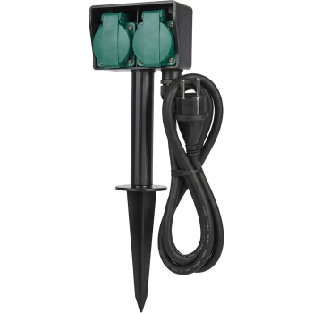 Gartensteckdose mit Erdspiess 2-fach, Schuko-Steckdosen mit Klappdeckel, IP44, Gummikabel H05RR-F 3G 1,5 mm², 1,4 m, max. 3680 W
