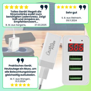 Preview: Effizientes Multi-Port USB Ladegerät mit 3 USB-A Ports & LED-Display, je 5 V/2,4 A, 3 Geräte gleichzeitig, für iPhone, Airpods, Samsung, Android, etc