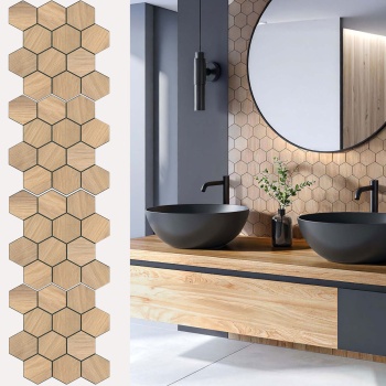 Fliesenaufkleber Selbstklebend, Hexagon Holzoptik - 4 Stück, 25x23,2 cm SPC Wandfliesen Wasserfest - Fliesen Küche Bad Wand