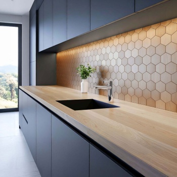 Preview: Fliesenaufkleber Selbstklebend, Hexagon Holzoptik - 4 Stück, 25x23,2 cm SPC Wandfliesen Wasserfest - Fliesen Küche Bad Wand