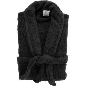 Preview: Bequemer Bademantel in Schwarz aus 100% Baumwolle und Frottier mit Schalkragen in Einheitsgrösse - als Morgenmantel für Sauna und Wellness