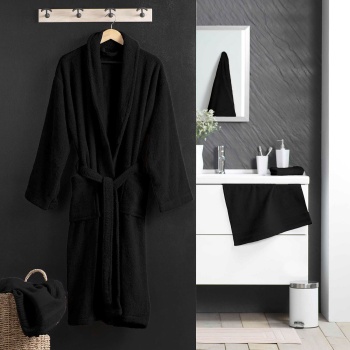 Preview: Bequemer Bademantel in Schwarz aus 100% Baumwolle und Frottier mit Schalkragen in Einheitsgrösse - als Morgenmantel für Sauna und Wellness